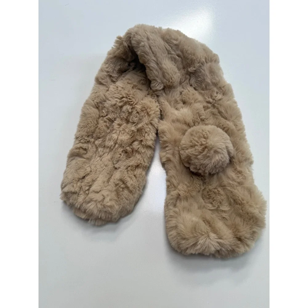 Zara Accessories Faux Fur Pull-Through‎ Scarf Tan Beige Pom Pom Neck Warmer